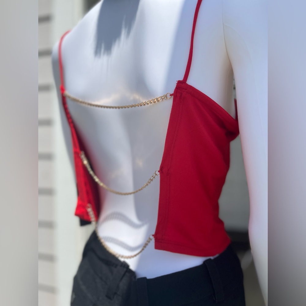 Bright Red Solid Crop Top with Gold Chain Rhinestones